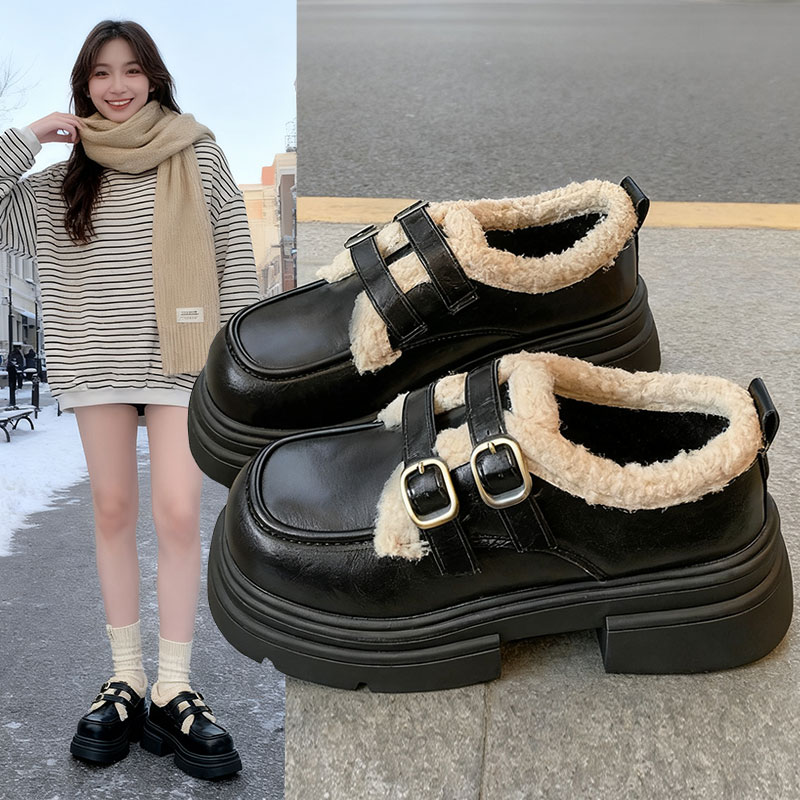 百搭毛毛棉鞋增高黑色小皮鞋