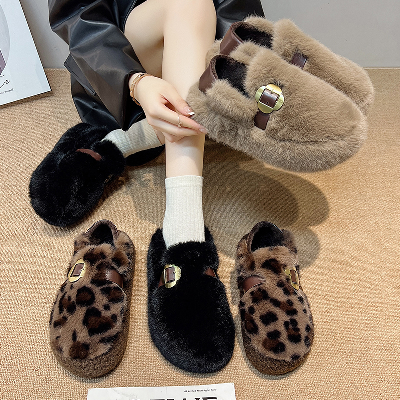 欧货豹纹毛毛鞋女复古法式冬季