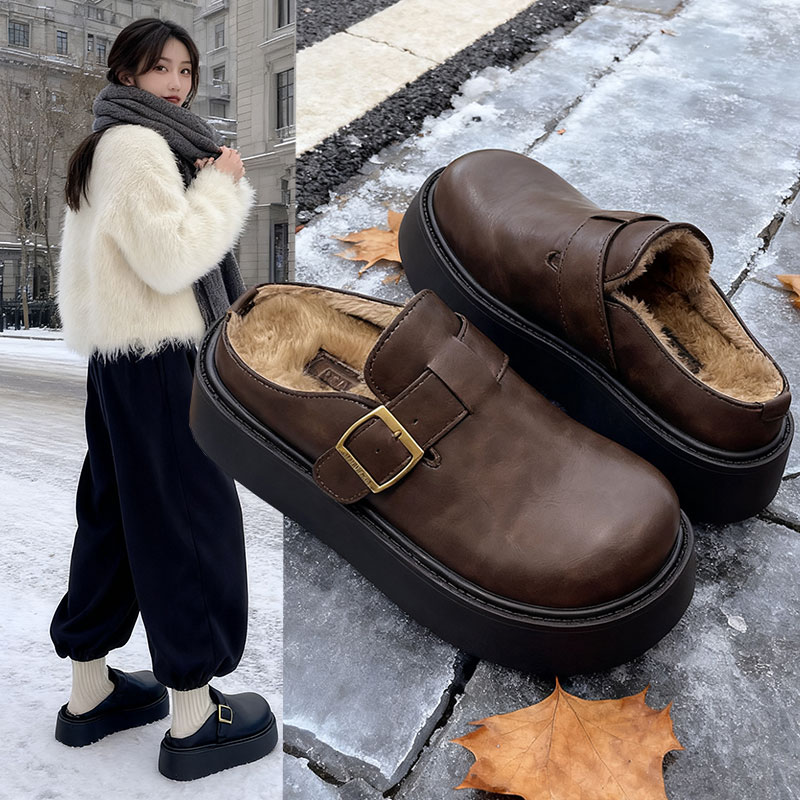 一脚蹬穆勒鞋加绒棉拖懒人小皮鞋