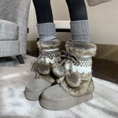 毛球厚底小个子毛毛雪地靴女2025冬季 毛绒保暖靴短筒高级感毛毛靴