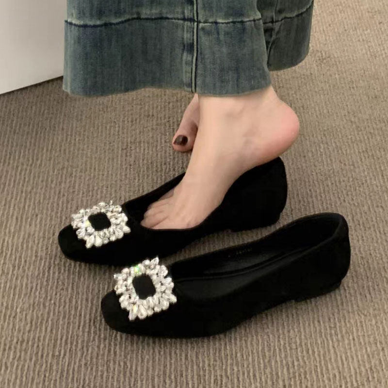 平底银色高级感方头水钻单鞋女2026年新款春季黑色通勤方扣豆豆鞋,女鞋,浅口单鞋,淘宝优惠券,粉丝福利购,淘宝优惠卷