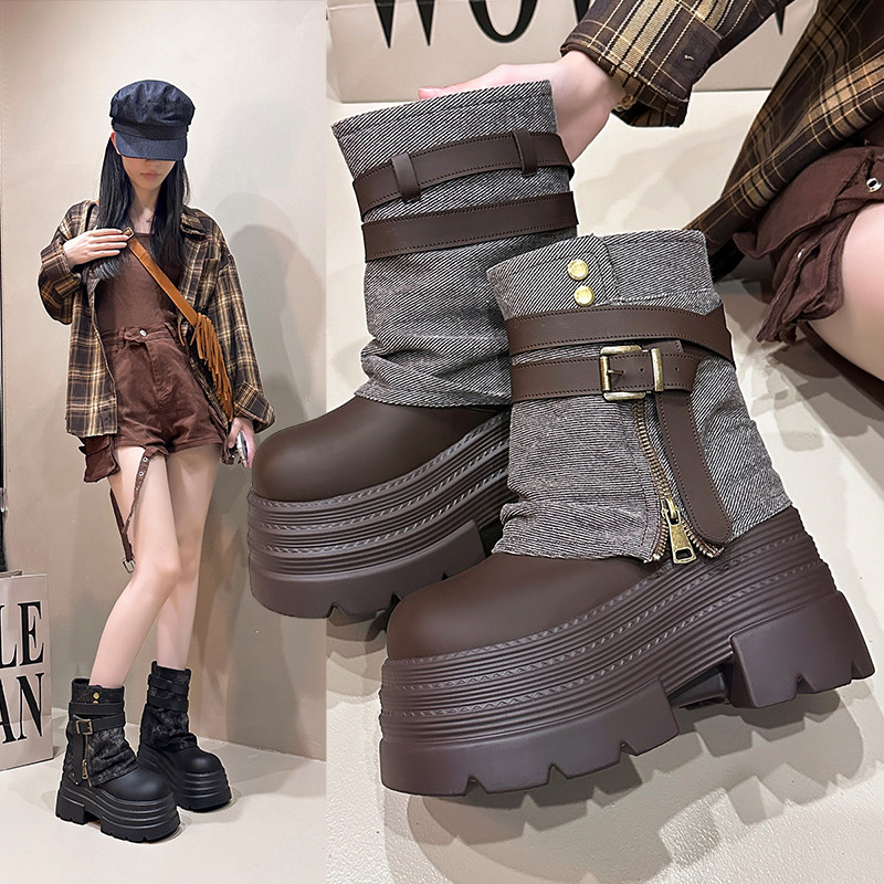 牛仔裤管靴女厚底小个子英伦风马丁靴新款秋冬复古堆堆加绒短靴女,女鞋,马丁靴,淘宝优惠券,粉丝福利购,淘宝优惠卷