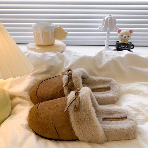 加绒保暖蝴蝶结包头半拖毛毛棉鞋