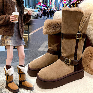 厚底两穿雪地靴女2025冬季 皮毛一体翻边毛毛长筒靴子加绒保暖棉鞋