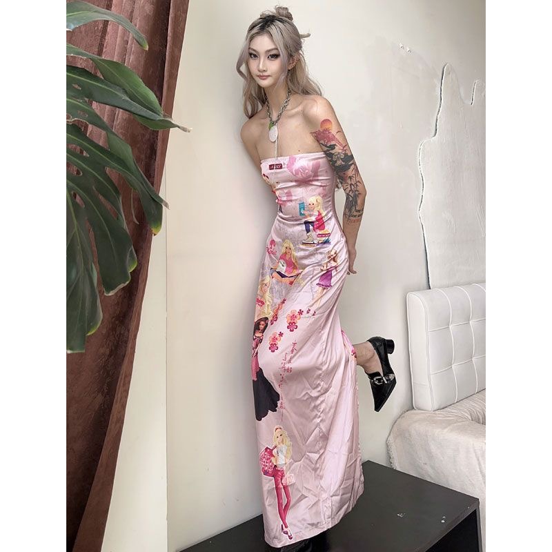 studio原创设计印花芭比钻石性感时尚防滑弹力显瘦抹胸连衣裙