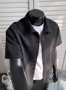 A336-K77-特P35 港风纹理感短袖衬衫男款高级感休闲纯色衬衣夏季