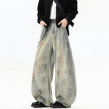 wassuphappy美式弯刀牛仔裤男春秋季宽松水洗直筒裤阔腿休闲裤子，男装牛仔裤，电商A336