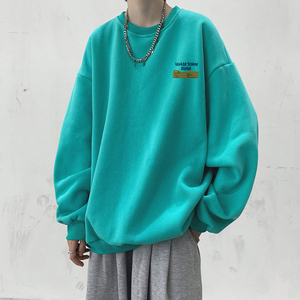 wassuphappy圆领卫衣男春秋季潮牌慵懒风休闲外套青少年宽松上衣