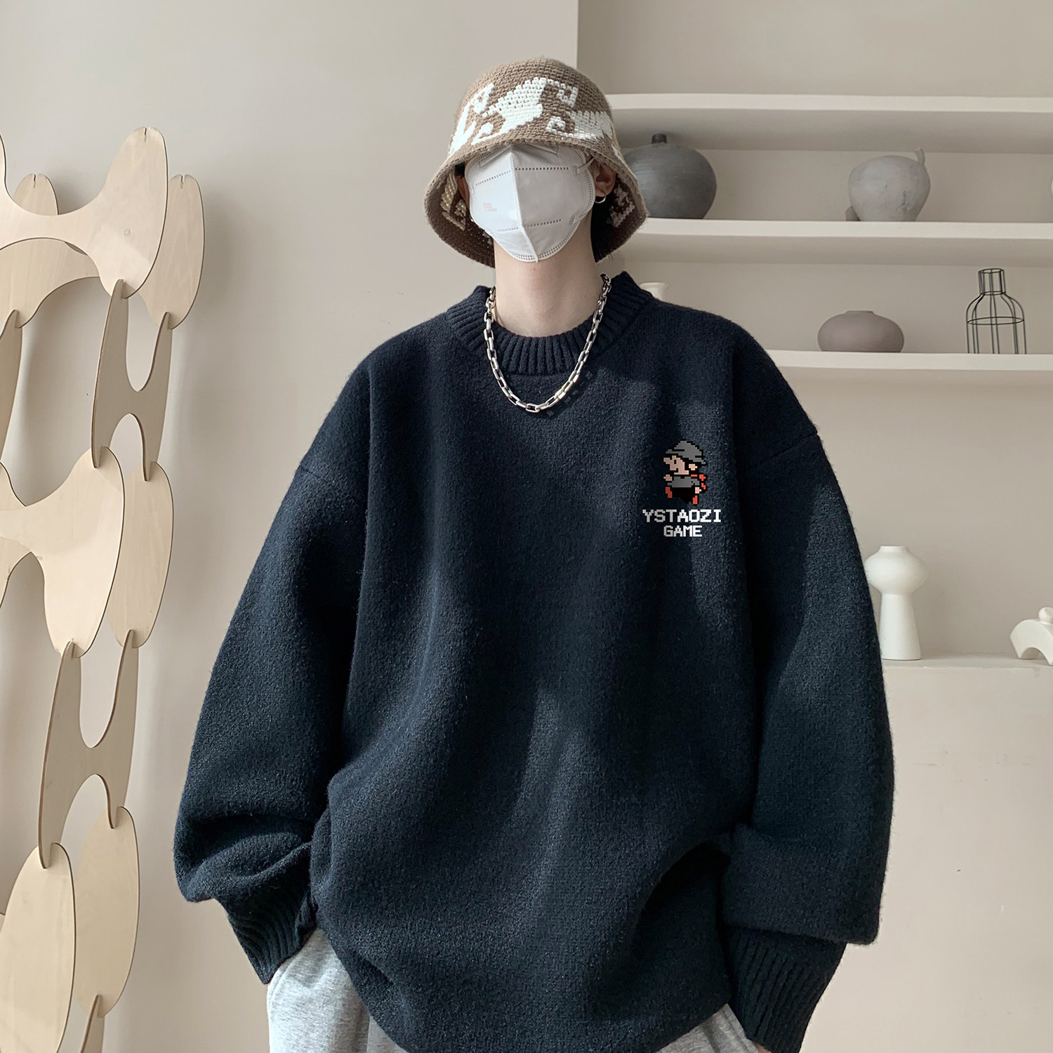 慵懒高级感毛衣男春秋季美式复古卡通重磅青少年高级感圆领针织衫,男装针织衫/毛衣,电商A336
