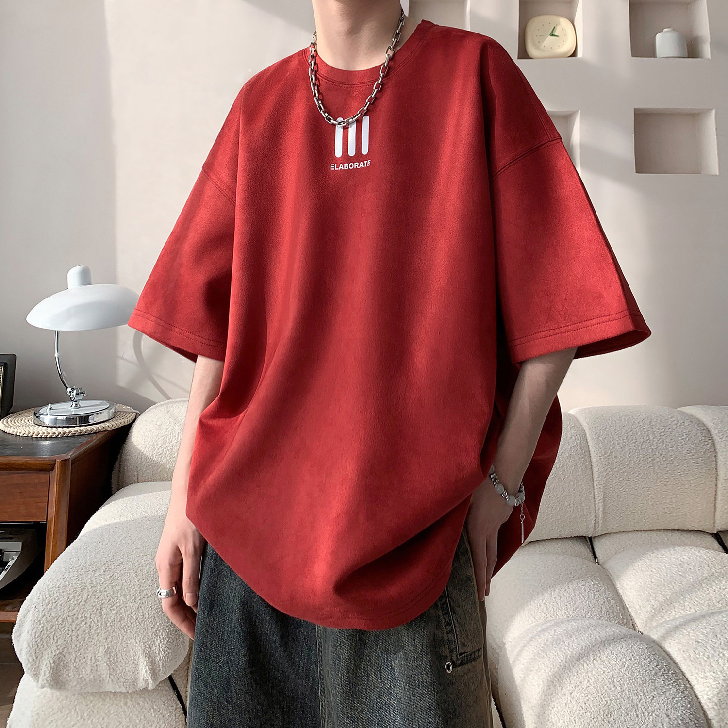 wassuphappy麂皮绒短袖t恤男夏季潮牌青少年简约宽松半截袖体恤,男装T恤,电商A336