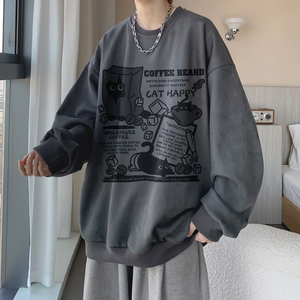 卡通学院风圆领卫衣男秋季宽松潮流学生帅气潮牌美式慵懒chic衣服图片
