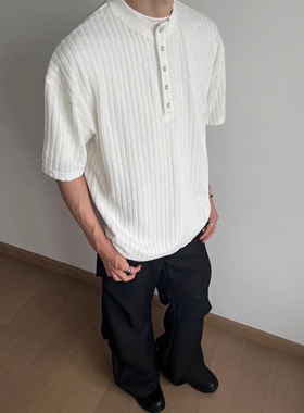 A336-T334-特P35 原版肌理百褶条纹亨利领老钱风冰丝T恤