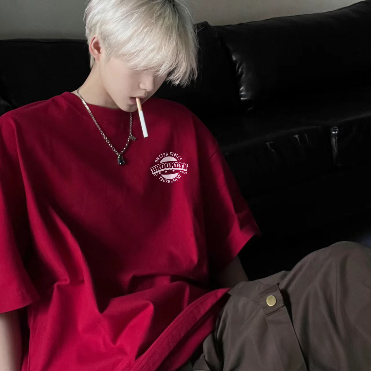 小猫酒红色t恤短袖男生夏季美式复古潮牌潮流宽松休闲五分袖衣服,男装T恤,电商A336