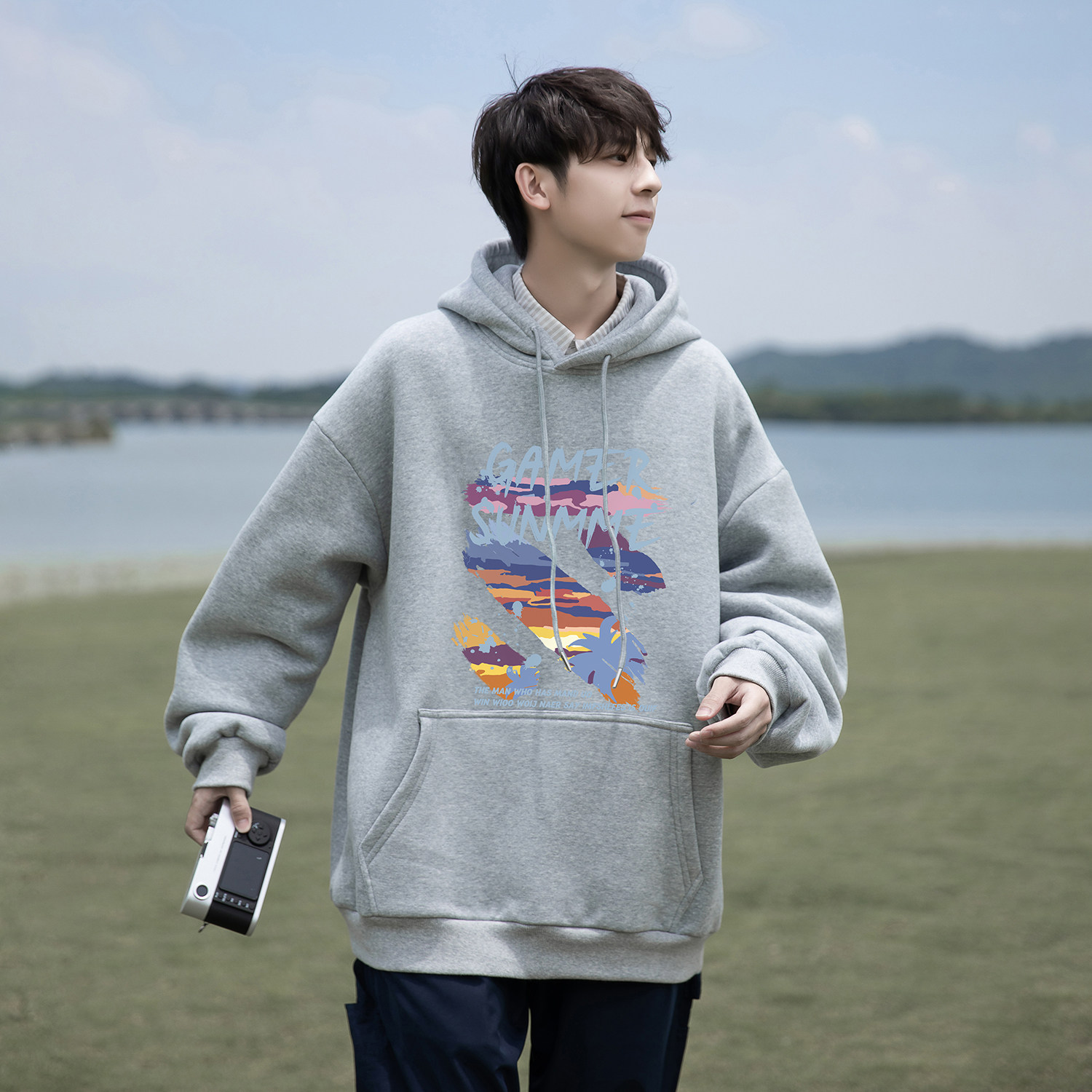 日系cityboy连帽卫衣男款春秋季涂鸦学生青少年帅气大码潮流外套,男装卫衣,电商A336