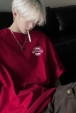 小猫酒红色t恤短袖男生夏季美式复古潮牌潮流宽松休闲五分袖衣服，男装T恤，电商A336