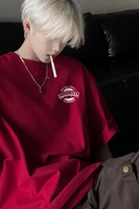 小猫酒红色t恤短袖男生夏季美式复古潮牌潮流宽松休闲五分袖衣服图片