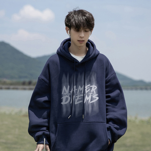 wassup happy藏青色连帽卫衣男士春秋季2025新款潮流港风休闲外套图片