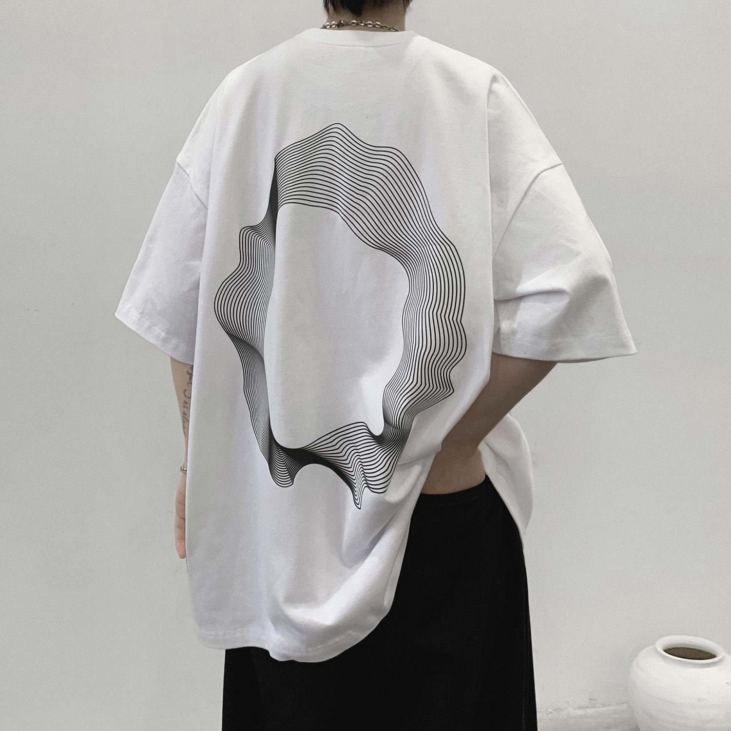 wassuphappy线圈短袖t恤男款夏季宽松潮流高街酒红色复古上衣服,男装T恤,电商A336