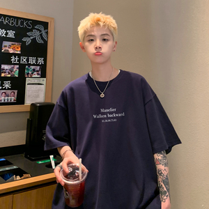 酒红色短袖t恤男夏季美式潮牌宽松大码休闲半袖上衣潮流纯棉体恤图片