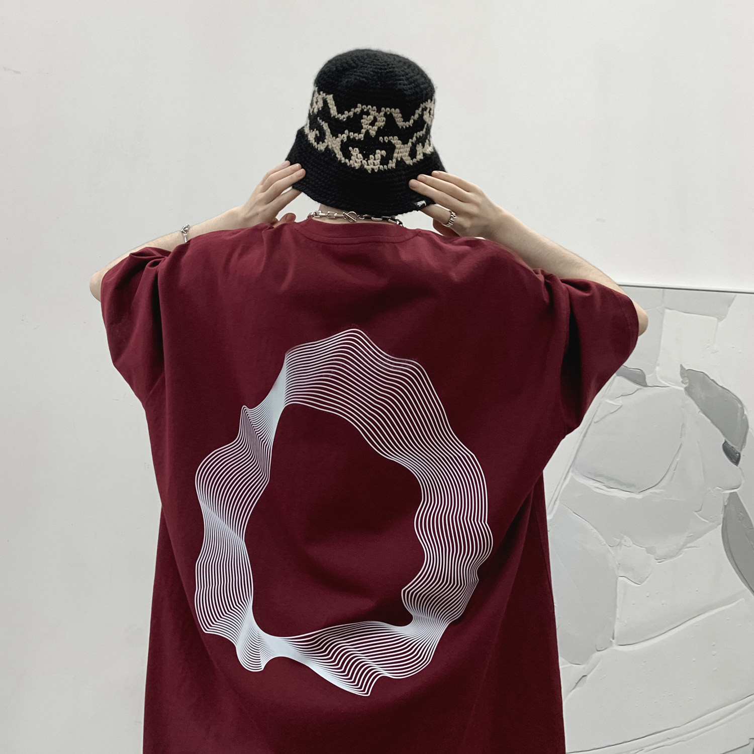 wassuphappy线圈短袖t恤男款夏季宽松潮流高街酒红色复古上衣服,男装T恤,电商A336