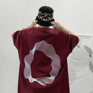 wassup happy线圈短袖t恤男款夏季宽松潮流高街酒红色复古上衣服图片