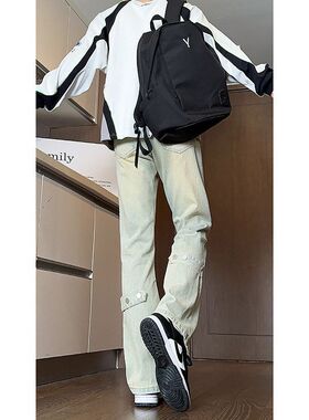 A336-F3052-特P35 金属纽扣复古直筒修身显高微喇高街泥黄裤子