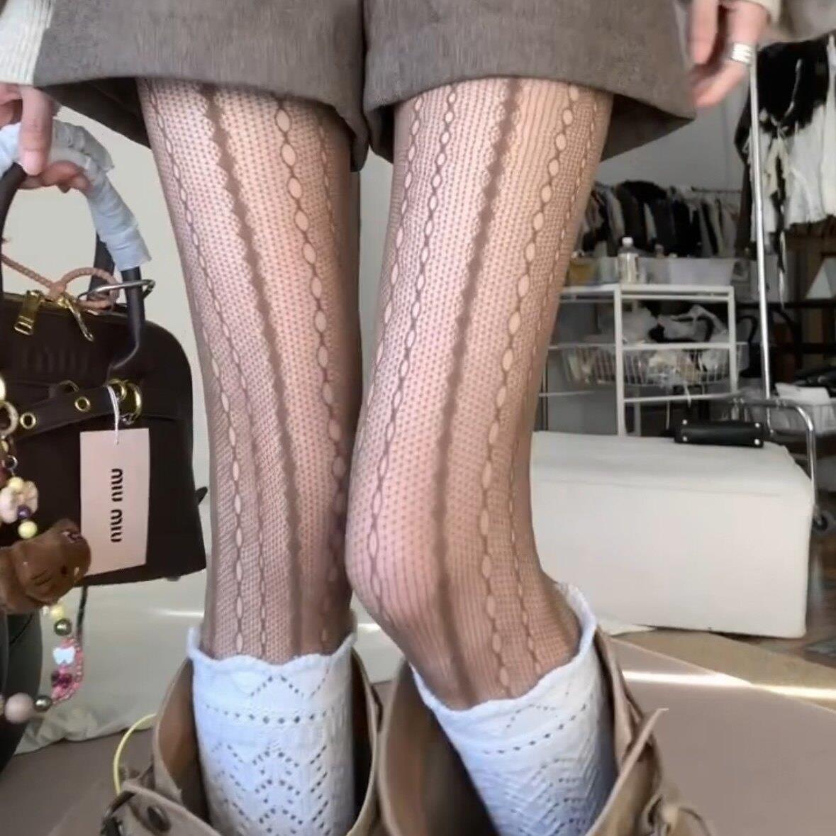 美拉德竖条纹蕾丝镂空丝袜女春秋季性感美腿网眼咖棕色连裤打底袜