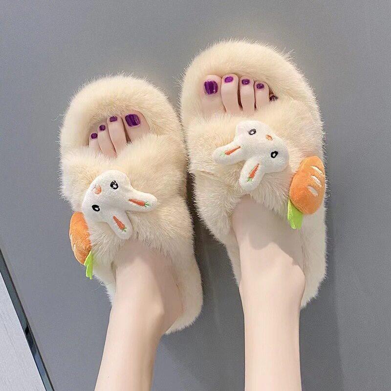 毛毛鞋兔子棉拖鞋女生外穿秋冬厚底时尚高级感软底轻奢一字拖可爱