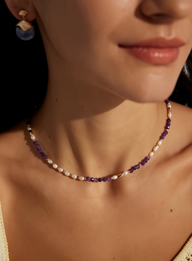 小众设计S925银锁骨链复古天然珍珠紫水晶项链女高级感轻奢礼物