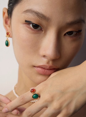 S925纯银复古天然孔雀石红玛瑙虎眼石戒指古法老钱风轻奢高级感女