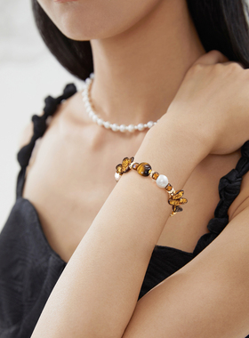 S925纯银复古手链女天然虎眼石淡水珍珠捷克琉璃多宝手串叠戴