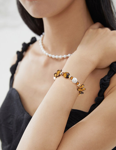 S925纯银复古手链女天然虎眼石淡水珍珠捷克琉璃多宝手串叠戴