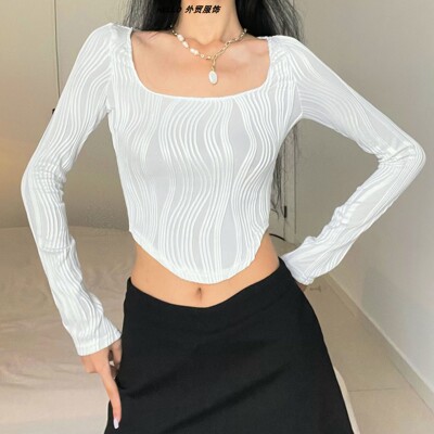 Sexy Water Ripple Slim-Fit Crop Top T-Shirt性感水波纹修身T恤