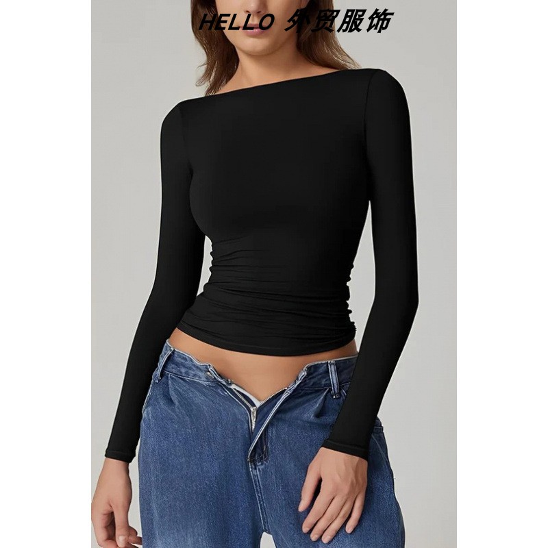 Sexy backless off-shoulder fitted T-shirt 性感露背一字领T恤