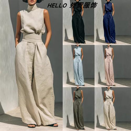 Sleeveless Cotton and Linen Long Pants Set 棉麻无袖长裤套装