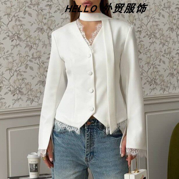 Lace-Panel Elegant Commuter Blazer 蕾丝拼接气质通勤西装外套