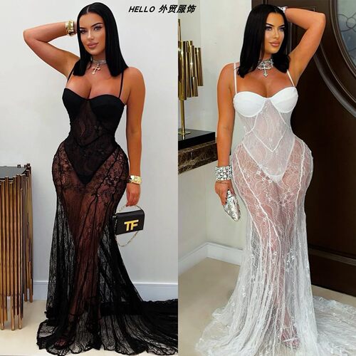 Fashionable and Sexy Lace Sheer Slip Dress Gown 性感吊带礼服