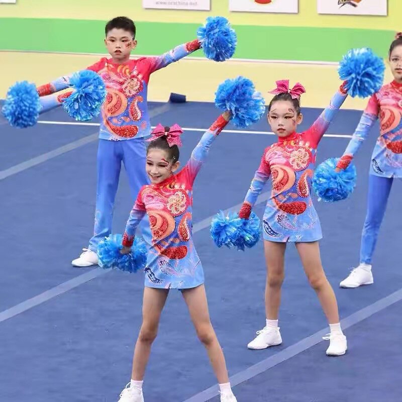 儿童啦啦操演出服长袖新款女童拉拉队表演服健美操竞技赛比赛服钻