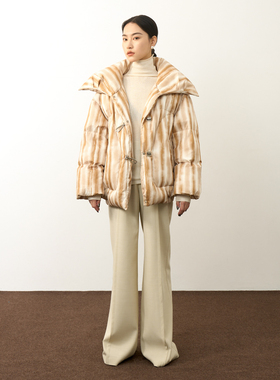 LION&CAT正品2023年冬季新款设计棕印花保暖羽绒服外套95白鸭绒