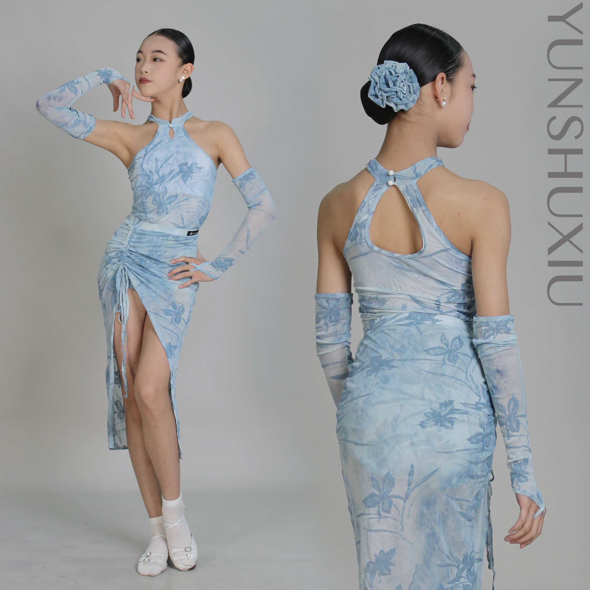 YSX 云舒袖|新中式植绒旗袍拉丁舞班服表演服分体套装含头花