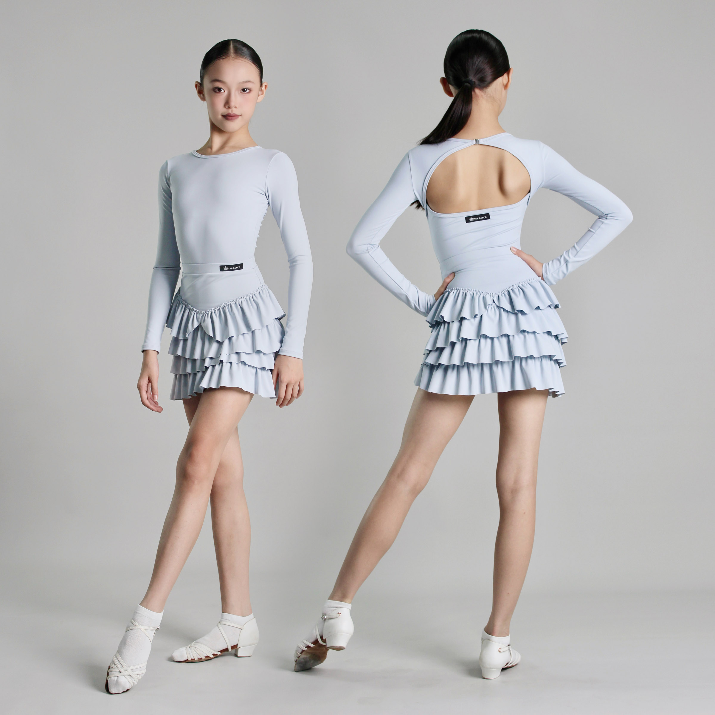 YSX云舒袖|儿童拉丁舞新款蹈服高级灰蓝色美背简约蛋糕裙含发带