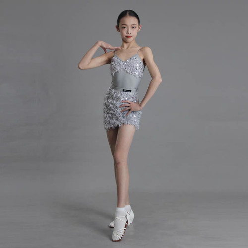 YSX云舒袖|儿童拉丁舞蹈服高端练功服表演服羽毛亮片分体吊带套装