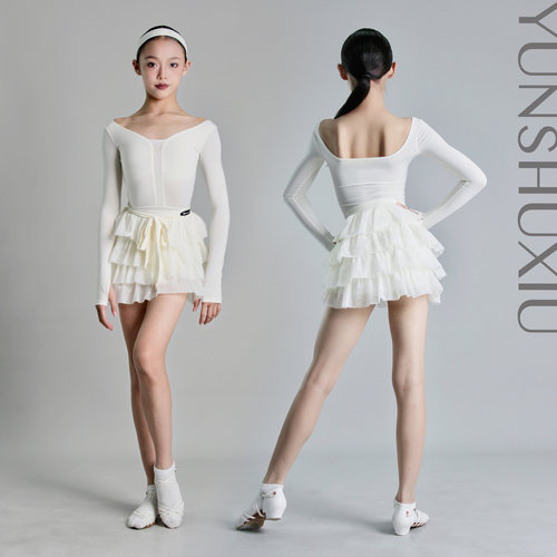 YSX云舒袖儿童拉丁舞服练功服网纱拼接仙女蛋糕裙分体套装含发带
