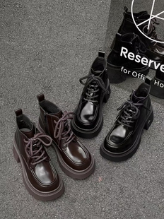 卓怡厚底英伦风马丁靴2024秋冬季 侧拉链炸街短靴系带百搭单靴8837