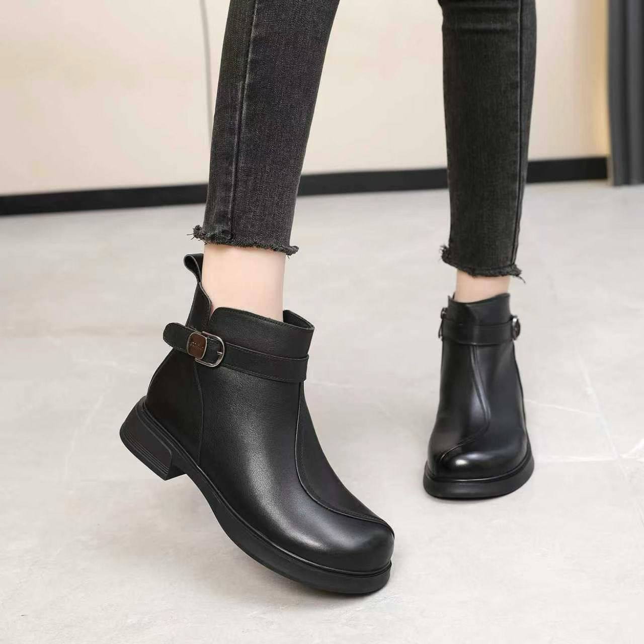 卓怡女鞋2025年冬季新款头层牛皮时尚圆头低跟侧拉链黑色棉鞋001,女鞋,马丁靴,淘宝优惠券,粉丝福利购,淘宝优惠卷