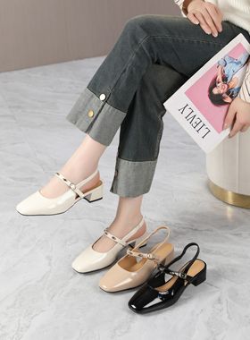 卓怡女鞋2025夏季新款头层羊皮时尚包头中粗跟方头后空凉鞋08115