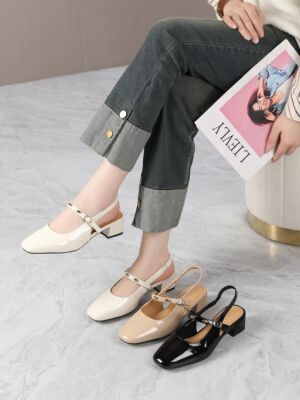 卓怡女鞋2025夏季新款头层羊皮时尚包头中粗跟方头后空凉鞋08115