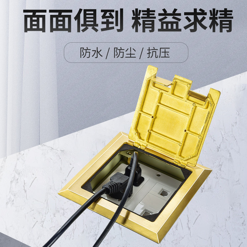 掀盖隐藏式十孔地插全铜防水双五孔地插座双电话网络电脑地面扦座