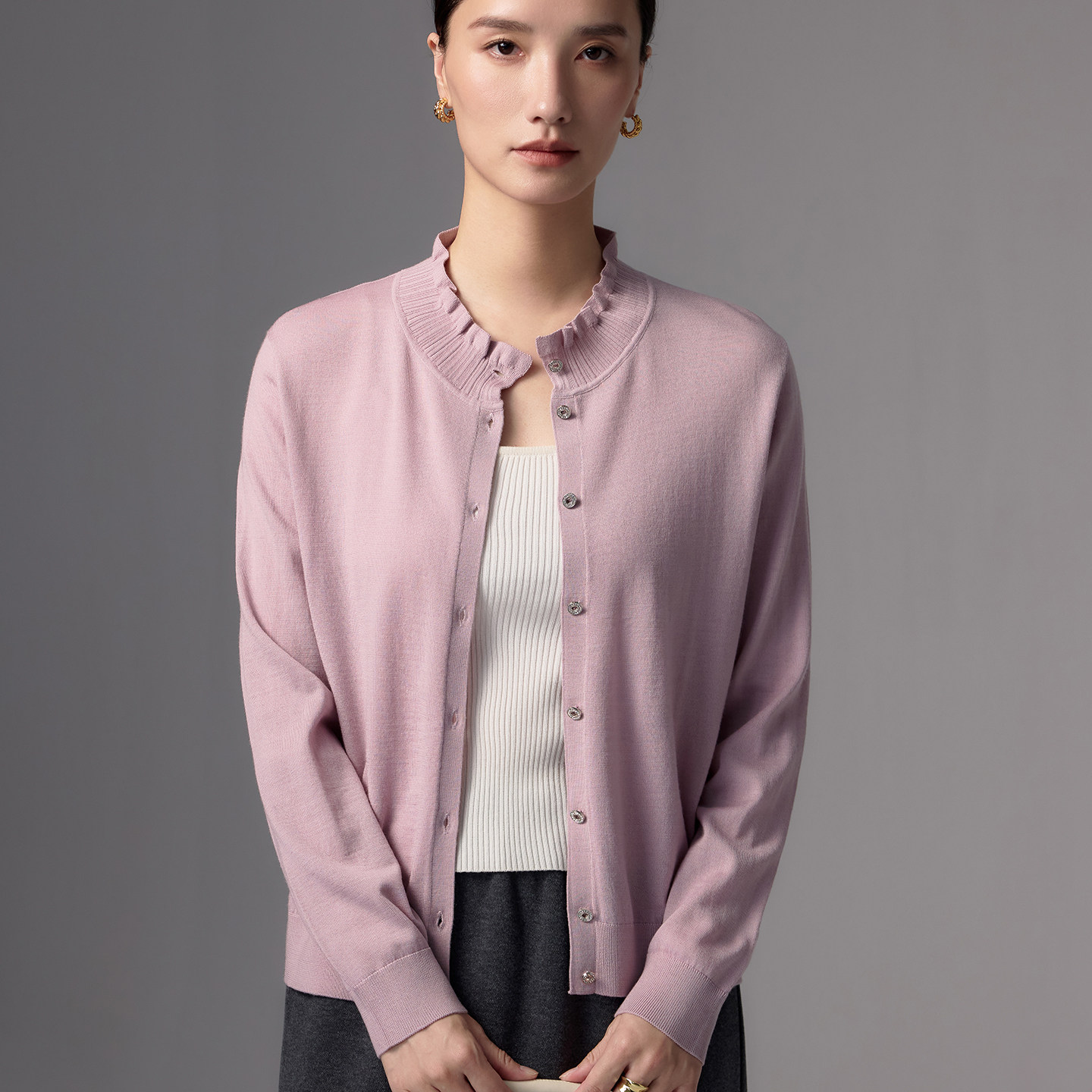 优雅风精纺100%羊毛开衫女装木耳边圆领纽扣外搭超细针织外套毛衣,女装/女士精品,毛针织衫,淘宝优惠券,粉丝福利购,淘宝优惠卷