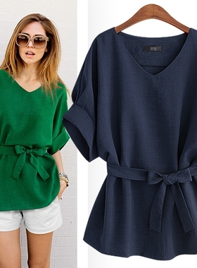 欧美女装2019夏季新款蝙蝠袖V领衬衫女宽松大码绿色收腰棉麻上衣